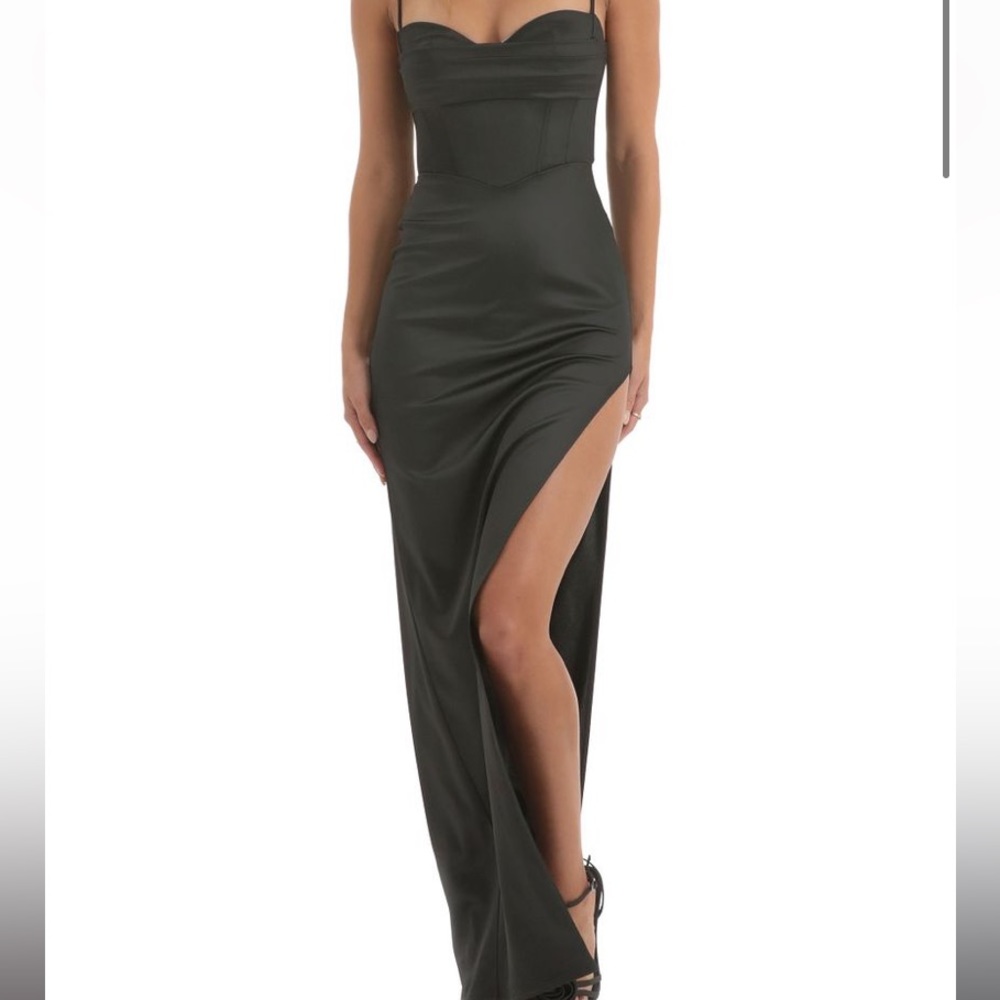 black satin corset maxi prom dress